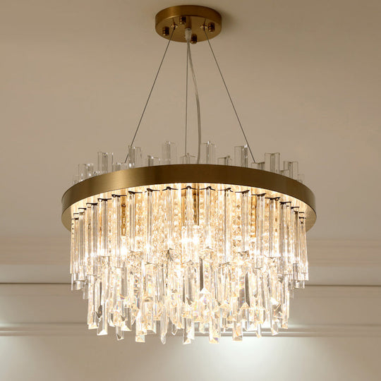 Contemporary Gold Finish Ceiling Chandelier With Clear Crystal Blocks And 6 Bulb Drum Light