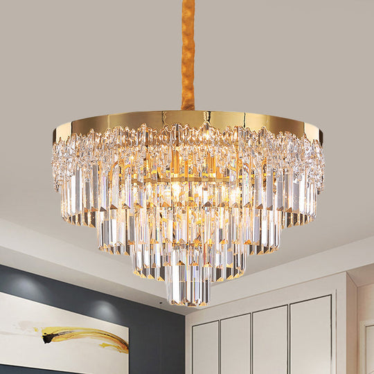 Modern Gold Finish Chandelier With 6/10 Bulbs Clear Crystal Blocks & Tapered Suspension - 19/23.5
