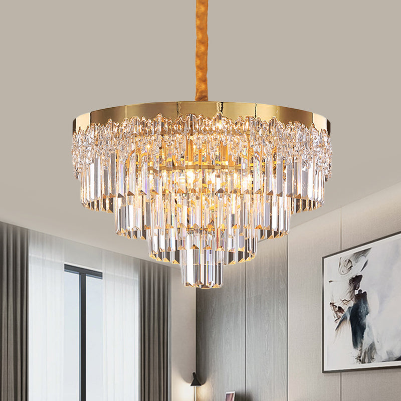 Modern Gold Finish Chandelier With 6/10 Bulbs Clear Crystal Blocks & Tapered Suspension - 19/23.5