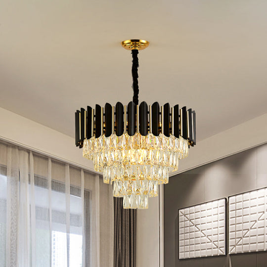 Modern Black Finish Tapered Pendant Chandelier With 6 Clear Crystal Blocks