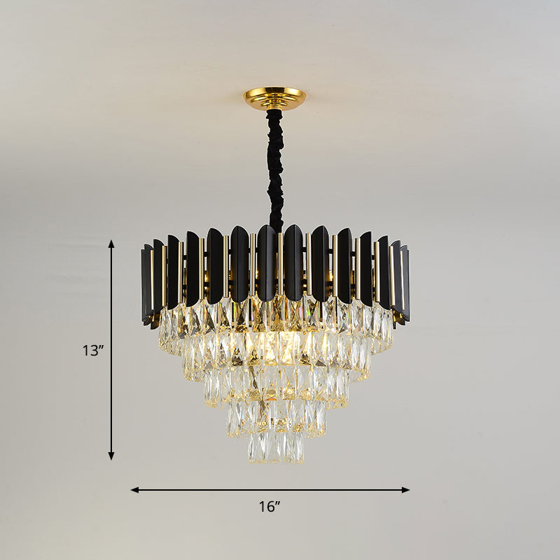 Modern Black Tapered Pendant Chandelier with 6 Crystal Blocks Ceiling Lamp