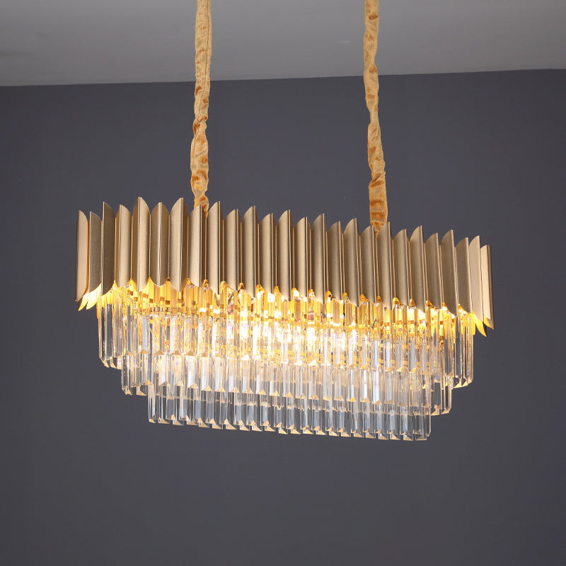 Modern Clear Crystal Prisms Pendant Lamp - Oval Shape 8 Heads Gold Finish For Dining Room And