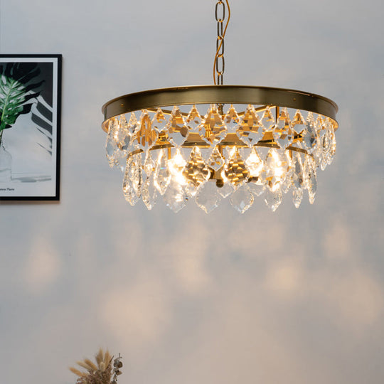Contemporary Gold Rhombic Crystal Ring Chandelier - 4 Bulb Suspension Lamp