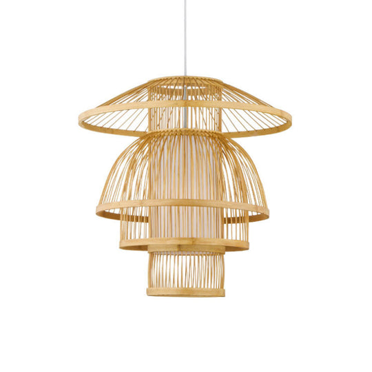 Asian Bamboo Pendant Light - Tiered Dining Room Lamp In Beige