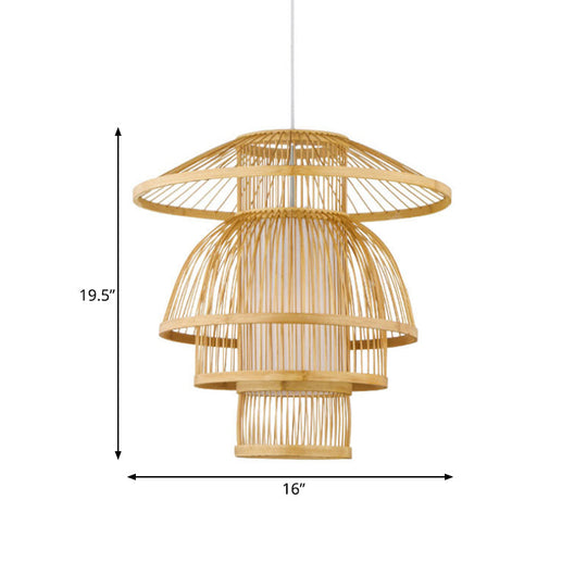 Asian Bamboo Pendant Light - Tiered Dining Room Lamp In Beige