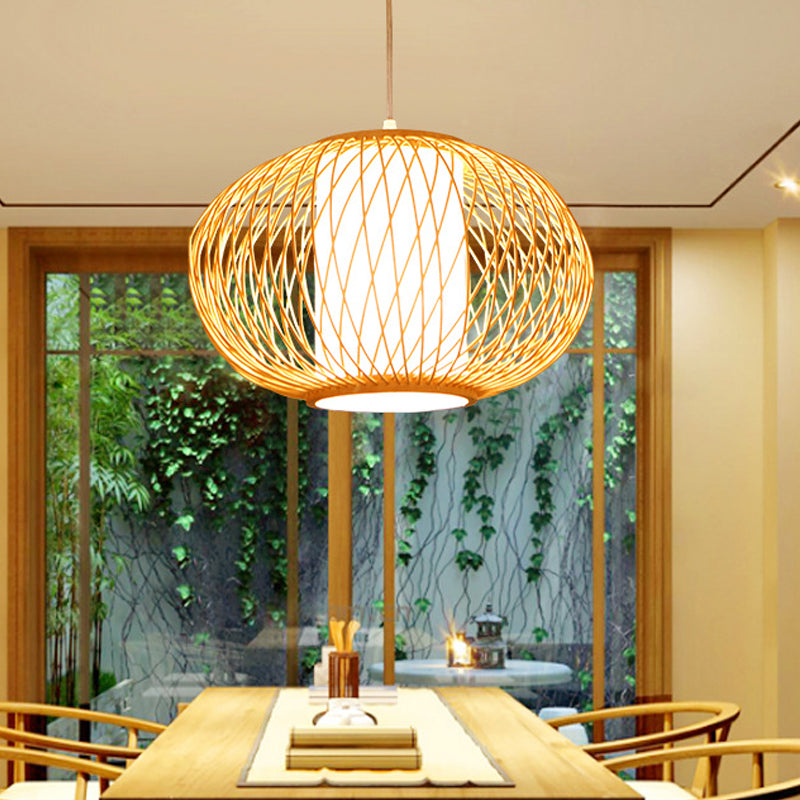 Modern Beige Hand-Knitted Hanging Bamboo Ceiling Lamp With Drum Shade - Perfect For Dining Room