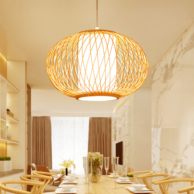 Modern Beige Hand-Knitted Hanging Bamboo Ceiling Lamp With Drum Shade - Perfect For Dining Room
