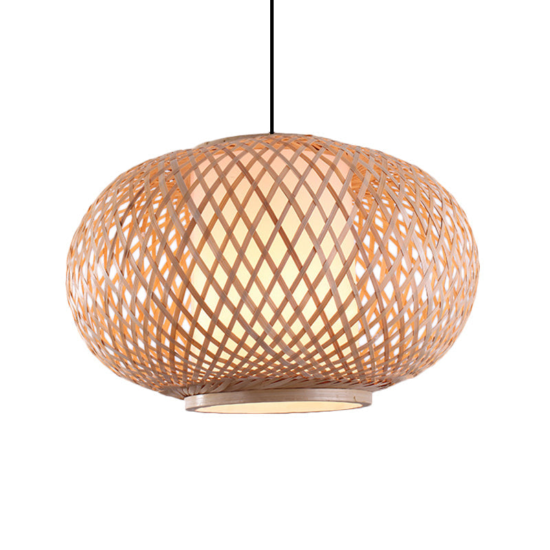Asian Style Bamboo Pendant Light With Cross Woven Design And Curved Drum Shape For Restaurant