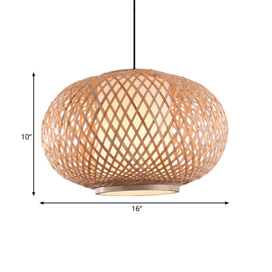 Asian Style Bamboo Pendant Light With Cross Woven Design And Curved Drum Shape For Restaurant