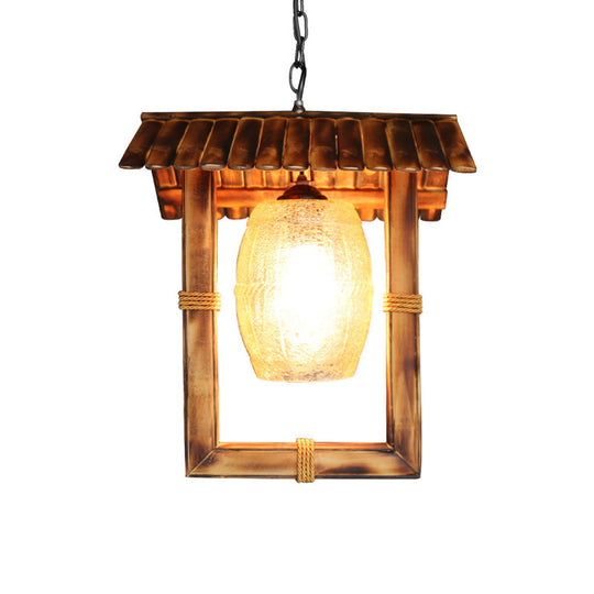 Rustic Bamboo Rectangle Pendant Lamp With Crackle Glass Shade - 1 Bulb Foyer Ceiling Light In Beige