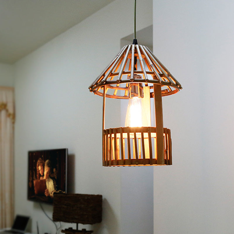 Asian Style Bamboo Hanging Lamp - Small Pavilion Shaped Pendant 1-Light Suspension For Dining Room
