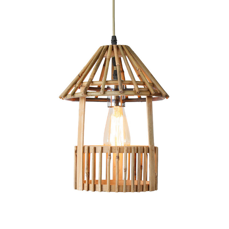 Asian Style Bamboo Hanging Lamp - Small Pavilion Shaped Pendant 1-Light Suspension For Dining Room