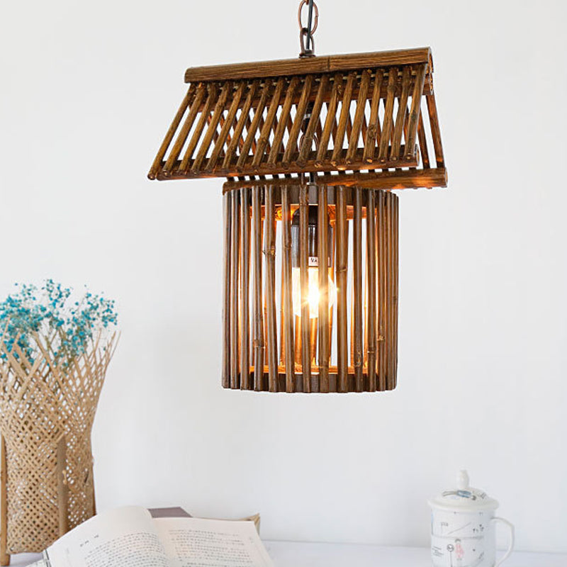 Rustic Bamboo House Shape Pendant Light - 1-Light Brown Hanging Ceiling For Living Room