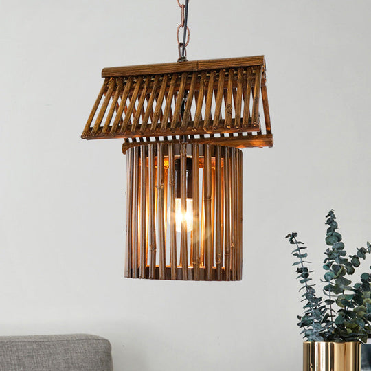 Rustic Bamboo House Shape Pendant Light - 1-Light Brown Hanging Ceiling For Living Room