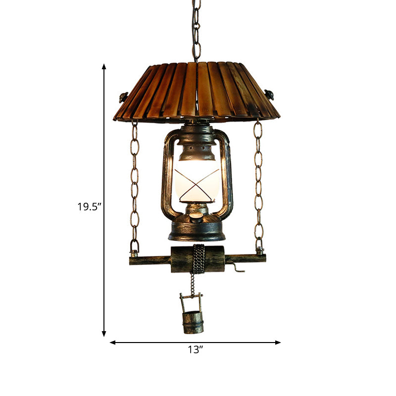 Vintage Wood and Iron Lantern Pendant Ceiling Light - Brown Indoor Hanging Light