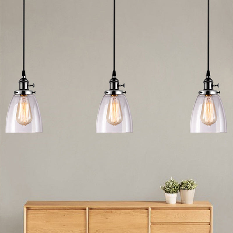 Farmhouse Multi-Pendant Light Fixture with Ribbed Clear Glass Shades for Dining Room: Linear Canopy, 3 Cone Lights