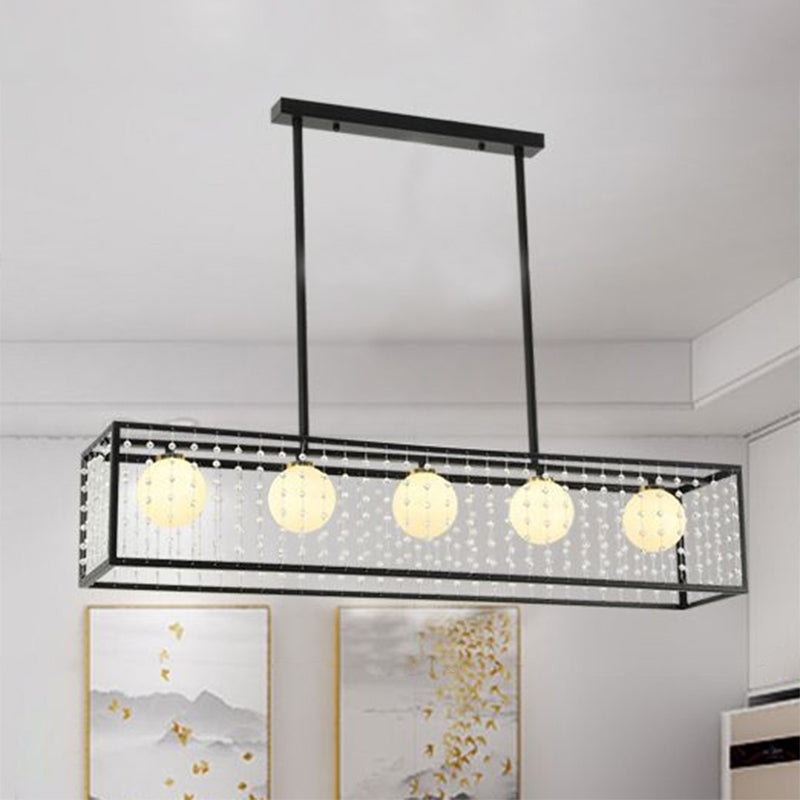 Modern 5-Head Black Island Light With White Glass And Crystal Shade