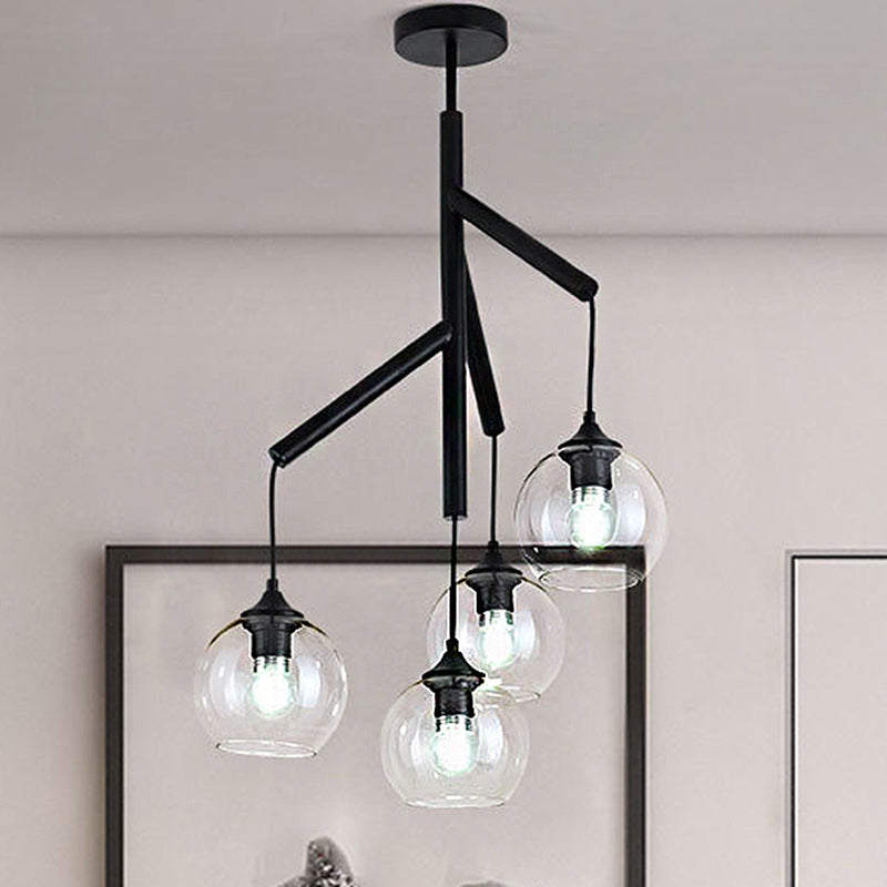 Contemporary 4-Light Metal Branch Chandelier: Black Hanging Pendant With Clear Glass Shade