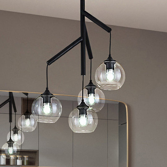 Contemporary Metal Branch Chandelier - 4-Light Black Pendant Lamp with Clear Glass Shade