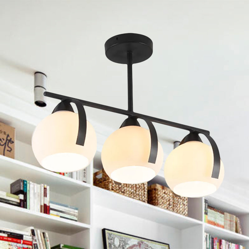 Contemporary 3-Head Black Ceiling Light Fixture With White Glass Globes - Ideal For Kitchen Islands