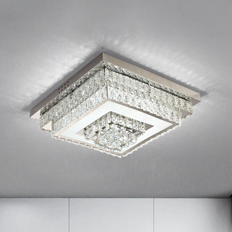 Contemporary Crystal Led Flush Mount Ceiling Light With Clear Drops For Bedroom / Square Plate