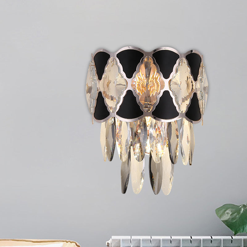 Modern Surface Wall Lamp Fixture - Cut Crystal Ovals Sconce Light With Black Finish Tapered 3 Heads