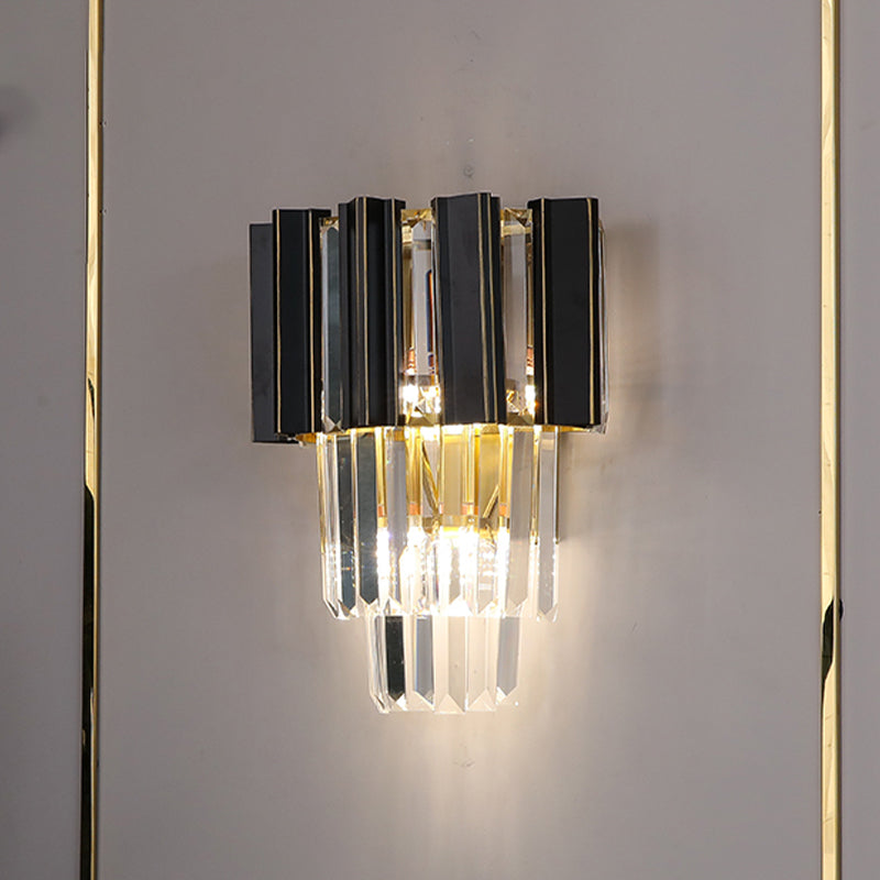 Contemporary Black Box Wall Lamp With 3 Clear Crystal Prisms & Tapered Bulbs
