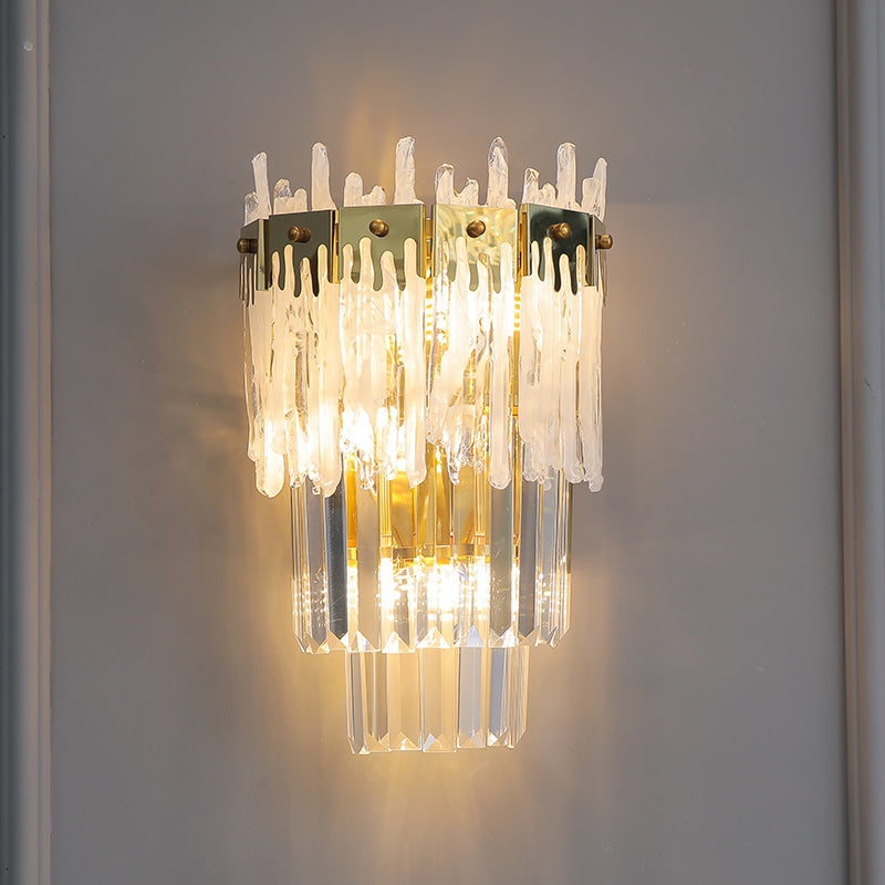 Contemporary Crystal Prisms Wall Sconce - Gold Finish 3 Bulbs Bedroom Flush Mount Light