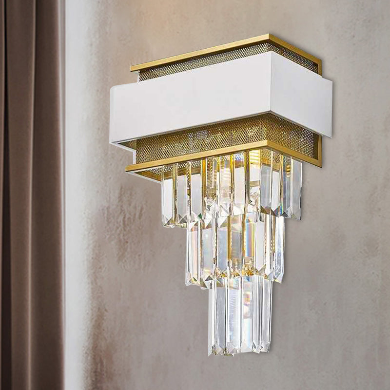 Modern White Square/Round Crystal Prisms Wall Sconce With Gold Mesh / Square Plate