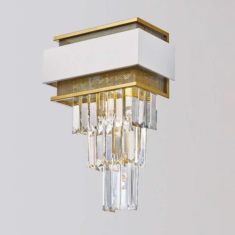 Modern White Square/Round Crystal Prisms Wall Sconce With Gold Mesh