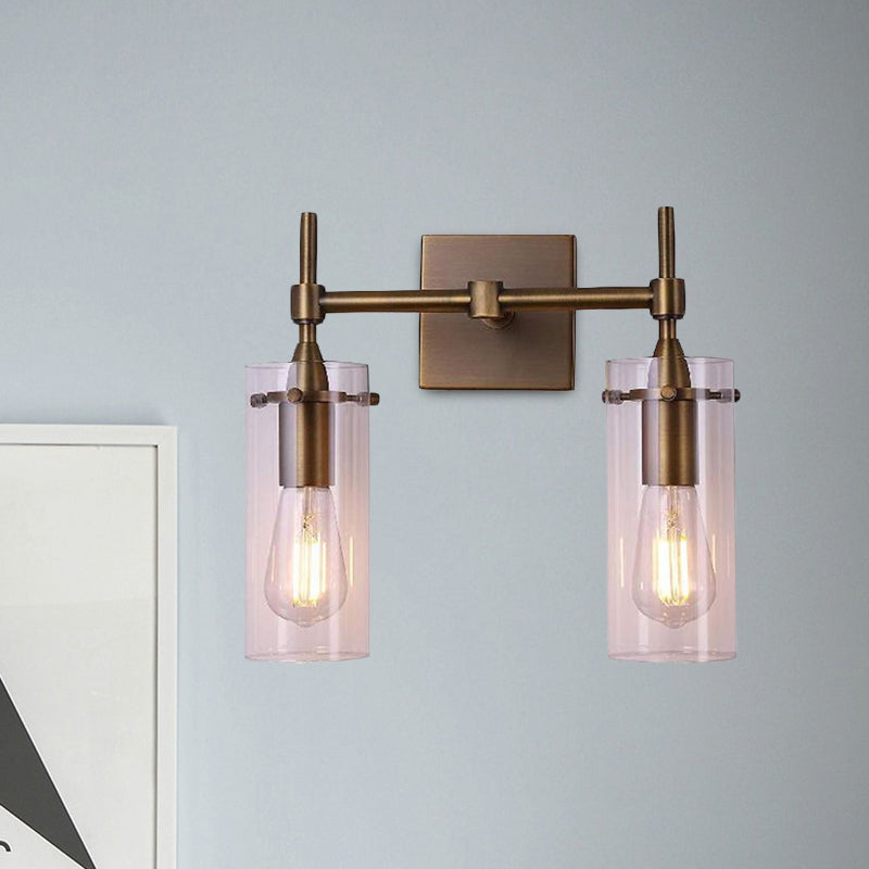 Modern Clear Glass Cylinder Wall Sconce With 2 Lights - Aged Brass Dining Room Lighting Fixture
