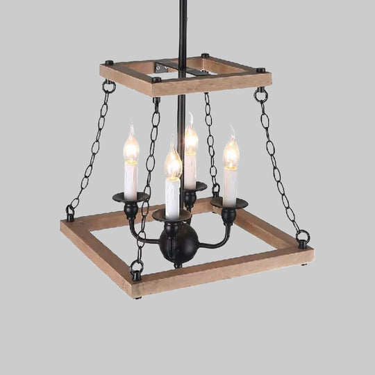 Farmhouse Metal and Wood Trapezoid Chandelier with Flameless Candle - 4-Light Hanging Lamp
