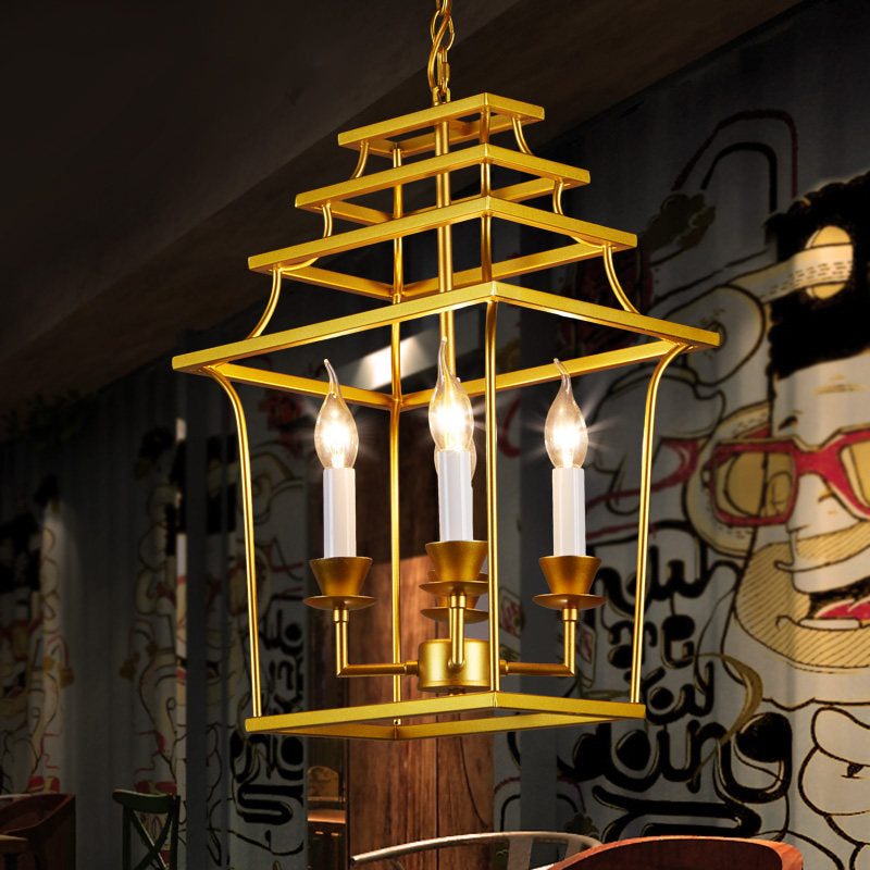 Vintage Golden Lantern Cage Pendant Lamp With 4 Metal Lights For Stylish Living Room Lighting