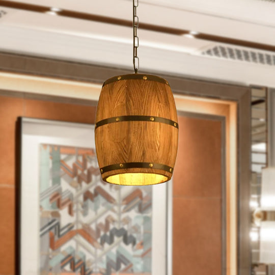 Industrial Wood Barrel Pendant Light In Brown - Creative Hanging Fixture