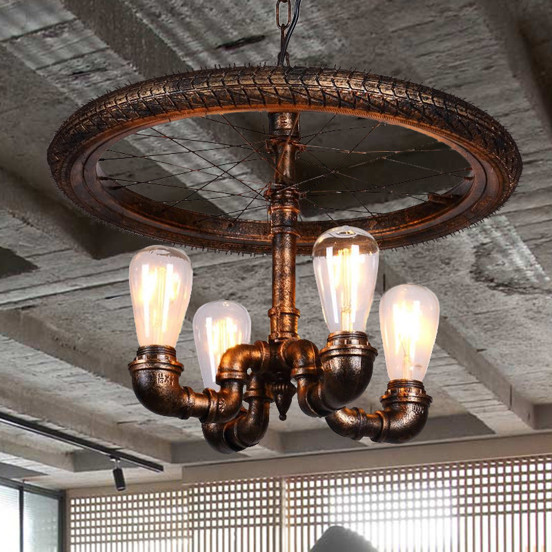 Vintage Metal Chandelier - 4 Lights Rust Pendant Light with Pipe, Wheel Design for Living Room