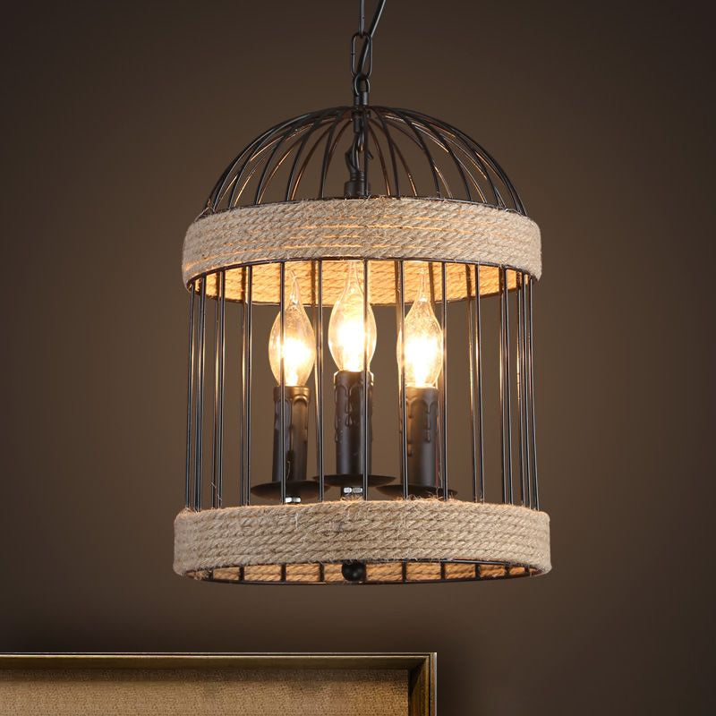 Vintage Black Birdcage Ceiling Light With Metal And Rope Hanging - 3 Bulb Lamp For Dining Room