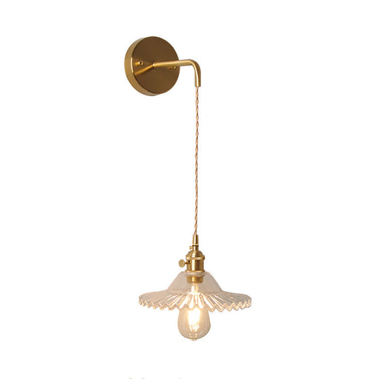 Industrial Brass Wall Mounted Lamp: Scalloped Clear/Opal Glass Bedroom Sconce Light With Single Bulb