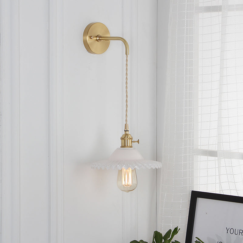 Industrial Brass Wall Mounted Lamp: Scalloped Clear/Opal Glass Bedroom Sconce Light With Single Bulb