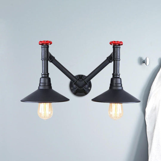 Black Metal Warehouse Style 2-Head Wall Lamp With Saucer Shade And Pipe Valve