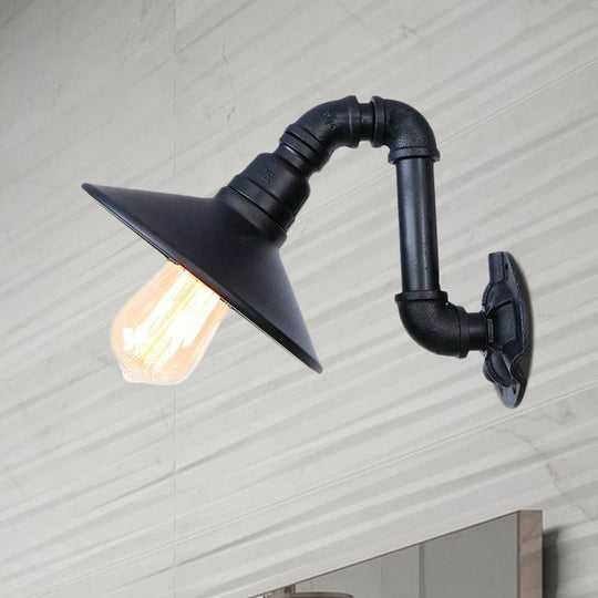 Farmhouse Cone Shade Wall Lamp With Curved Pipe Metallic Sconce In Black Finish