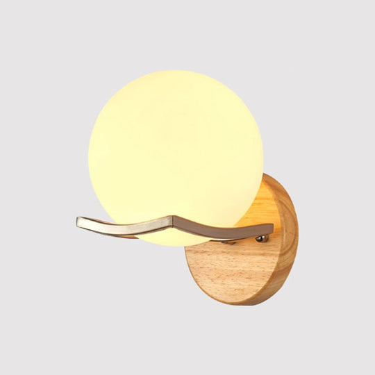 Nordic Opal Glass Single Light Wall Sconce For Bedroom Globe Wood Lamp