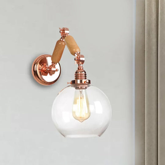 Rustic Rose Gold Wall Mounted Globe Light with Extendable Arm Clear