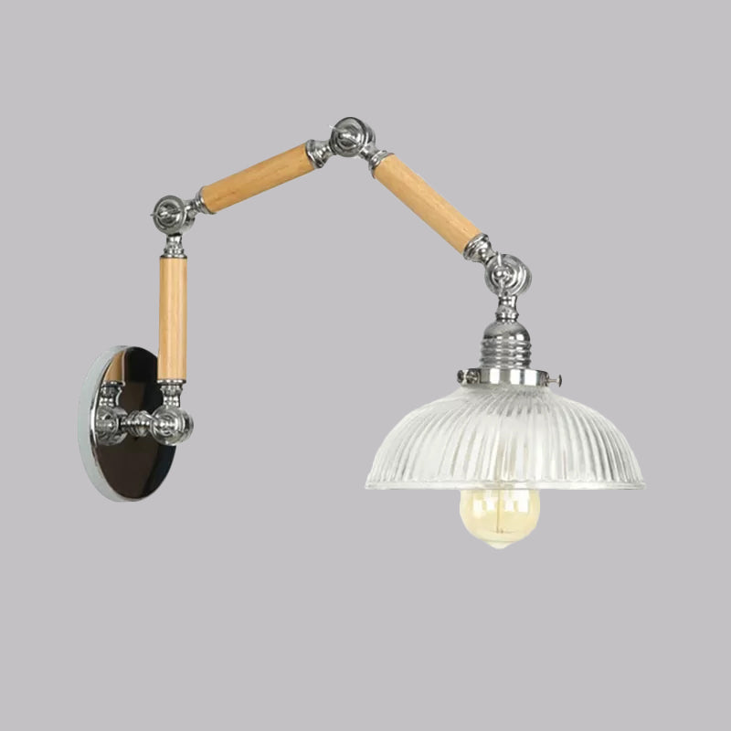 Industrial Ribbed Glass Silver Sconce Light With Rotatable Arm
