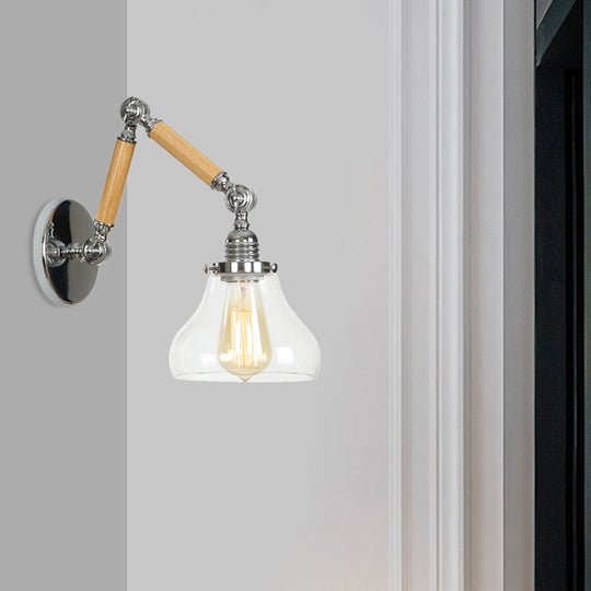 Industrial Gourd Glass Wall Sconce With Wooden Arm And Chrome Finish - 1 Light Fixture For Living