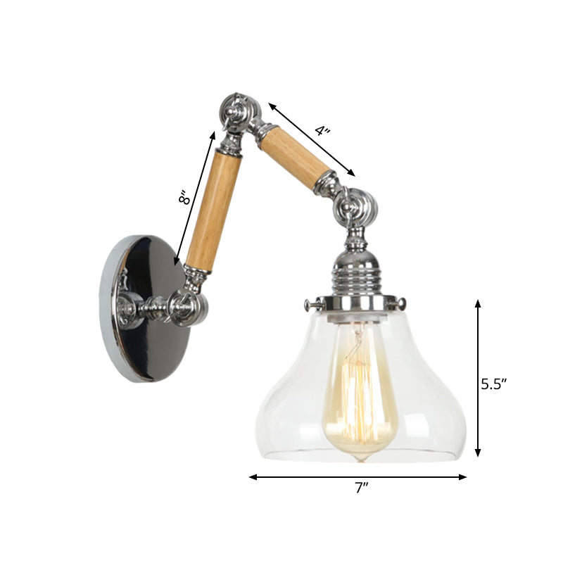 Industrial Gourd Glass Wall Sconce With Wooden Arm And Chrome Finish - 1 Light Fixture For Living