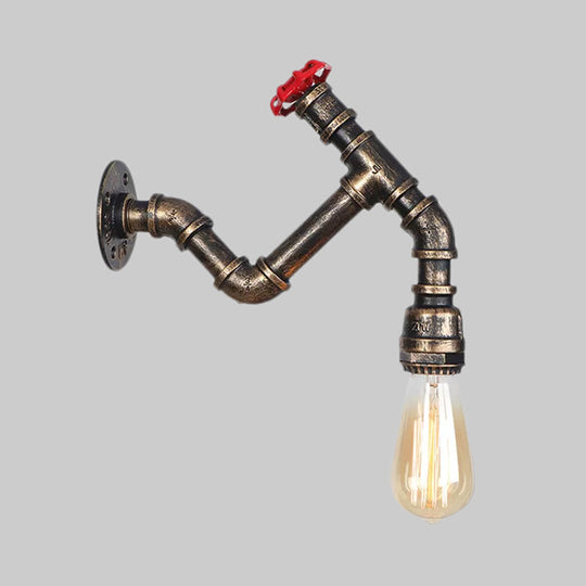 Iron Wall Lamp Industrial Style With Exposed Bulb & Red Valve - Aged Bronze Finish