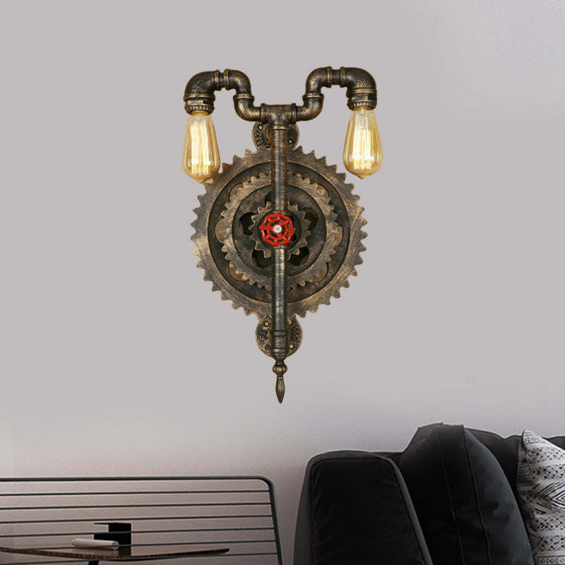 Iron Wall Sconce Light With Exposed Bulbs Gear And Pipe Industrial Design - Restaurant Lighting In
