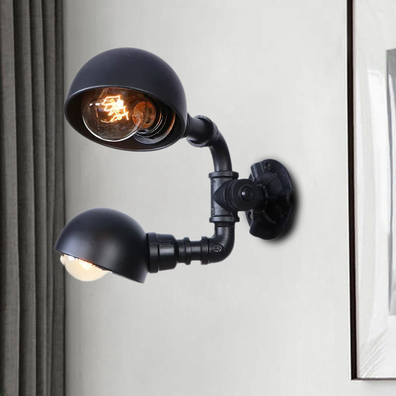 Industrial Style Black Wall Sconce Lamp With 2 Bulbs And Metallic Domed Design For Corridor