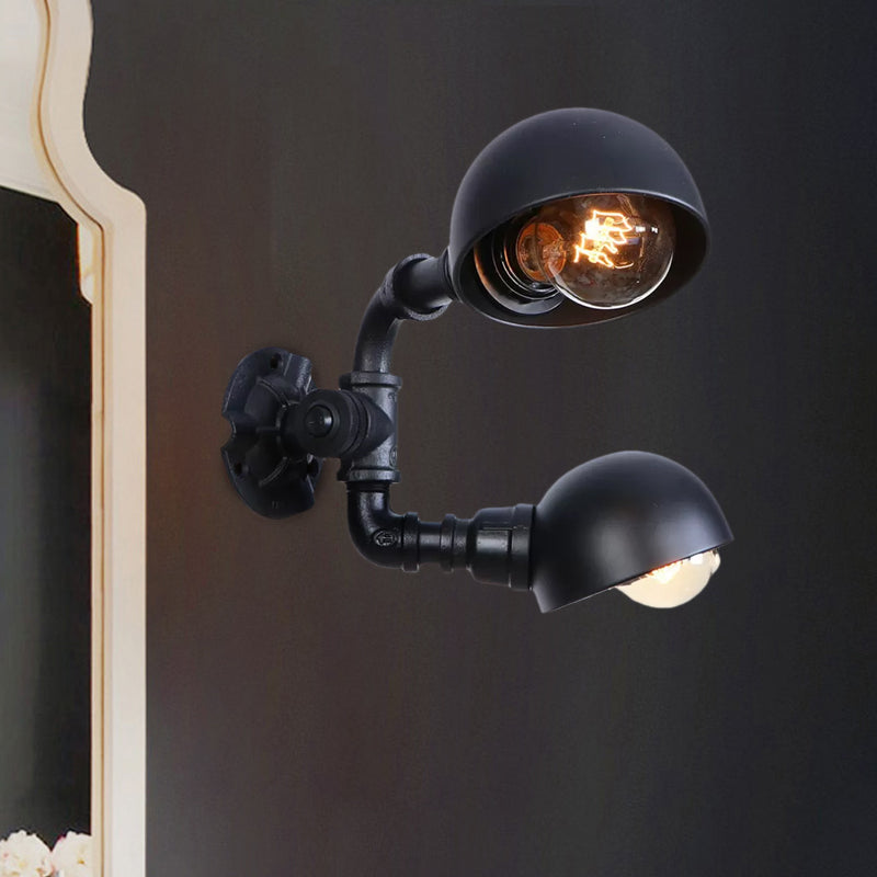 Industrial Style Black Wall Sconce Lamp With 2 Bulbs And Metallic Domed Design For Corridor