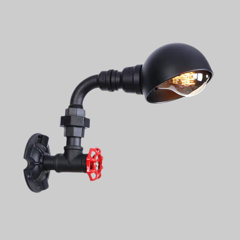 Vintage Iron Stairway Wall Light With Dome Shade And Red Valve - Black Water Pipe Lighting 1 Bulb